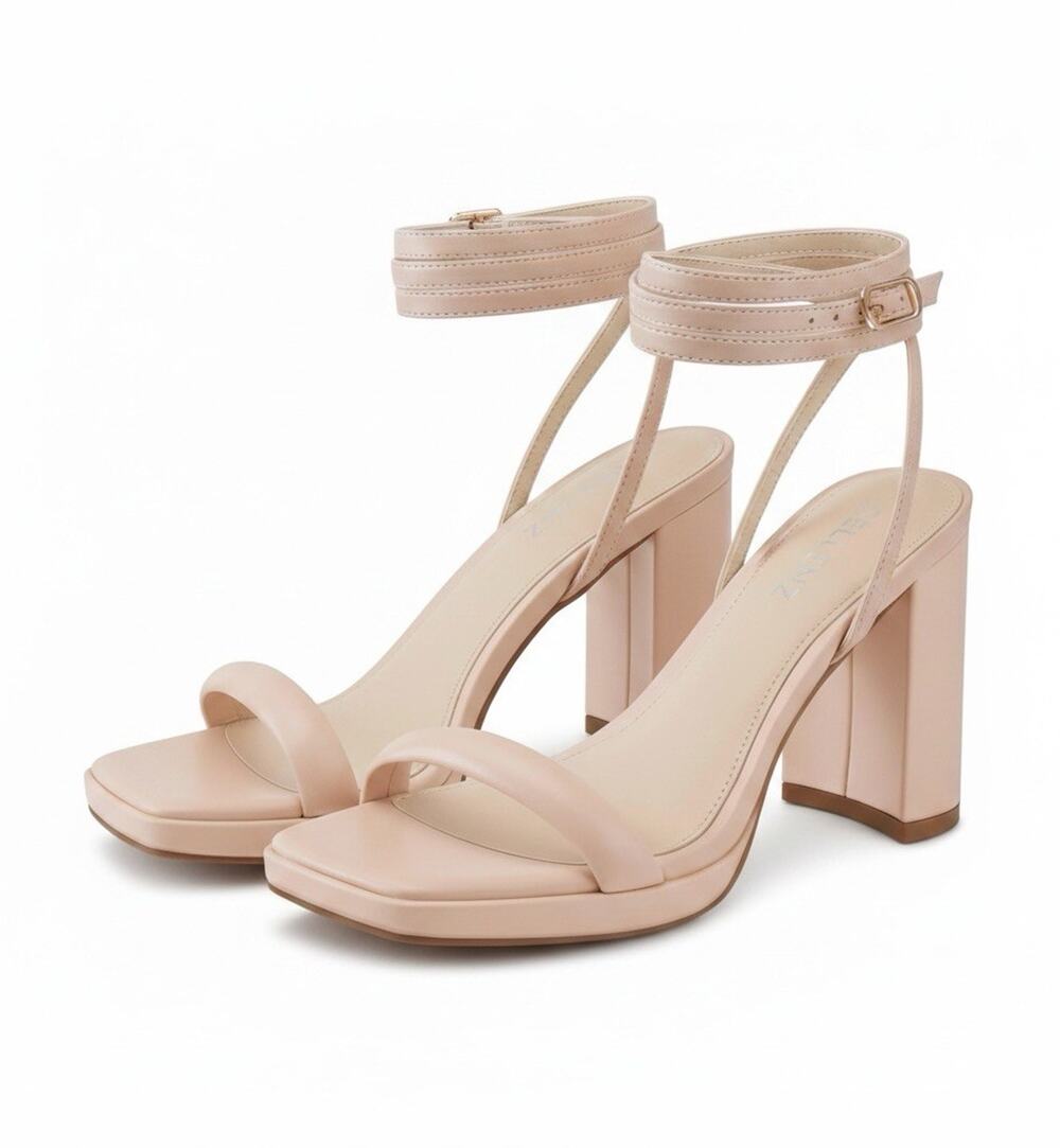 CELLENZ Chunky Platform Heels Square Toe Ankle Strap Dress Sandals Nude Size 8.5